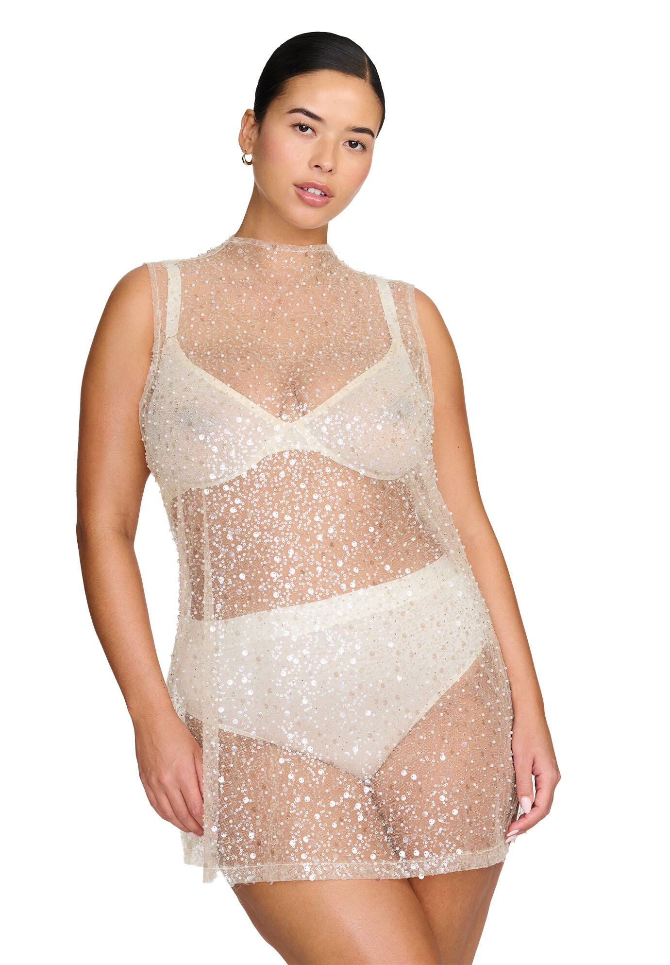 The Mock Neck Mini Dress- Sequin, PEARL, on-hover image number 1