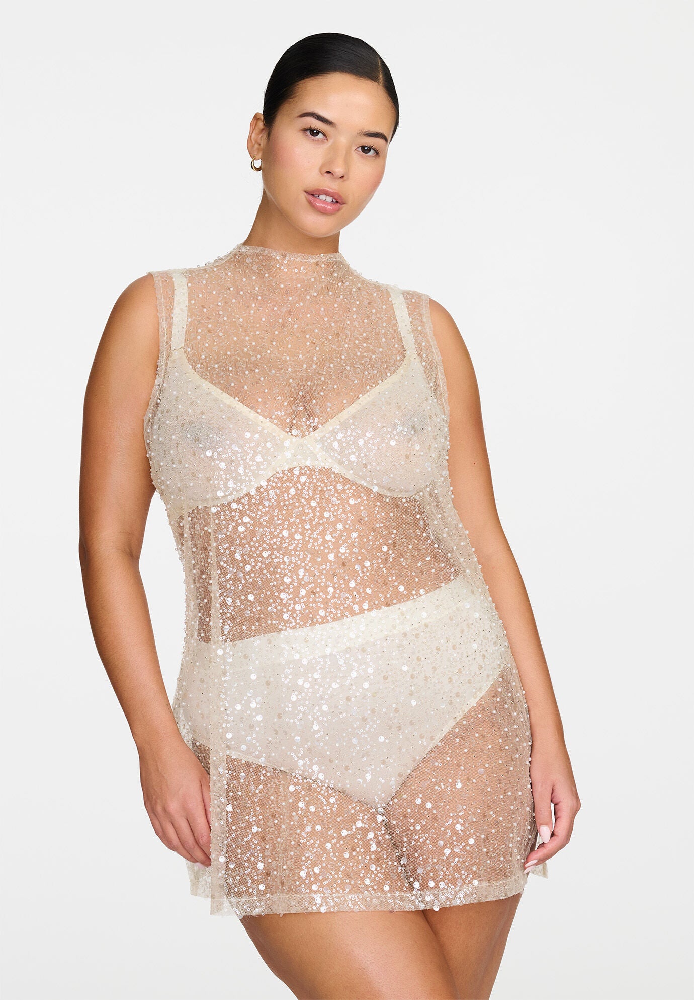 The Mock Neck Mini Dress- Sequin, PEARL, hi-res image number 0