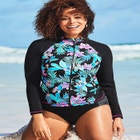 Chlorine Resistant Zip Front Long Sleeve Swim Shirt Rash Guard image number null