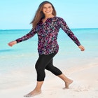Split-Neck Long Sleeve Swim Tee with Built-In Bra image number null
